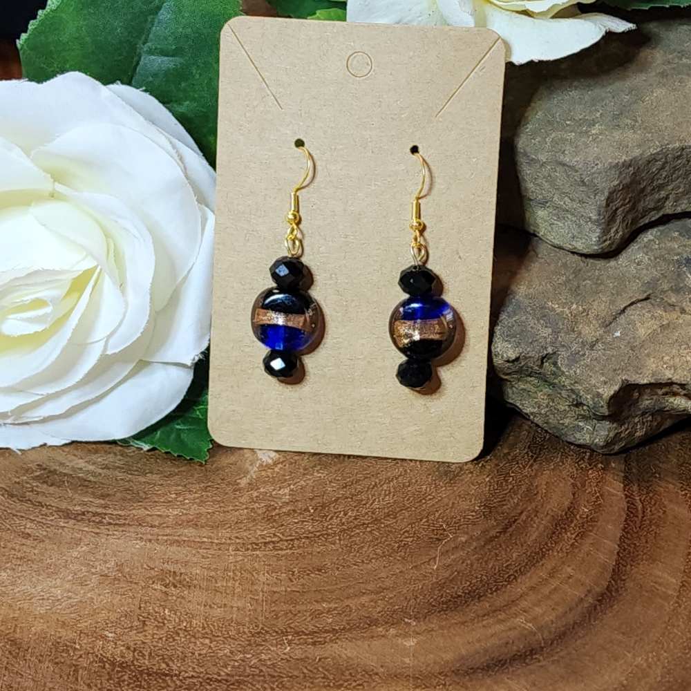19. Hand Crafted Vintage Black & Blue Glass and Gold Toned Dangle Earrings